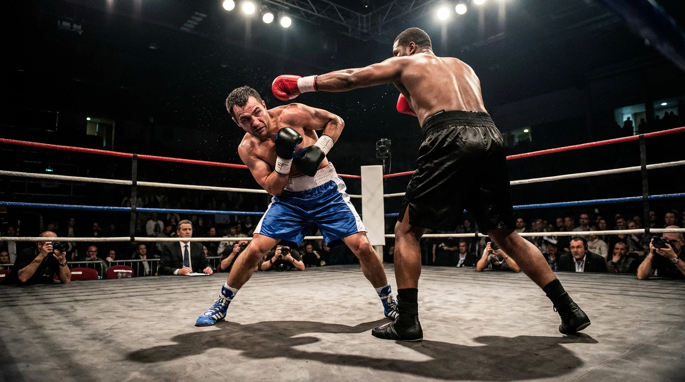 Boxeador técnico esquivando un golpe con movimiento de cintura en el cuadrilátero