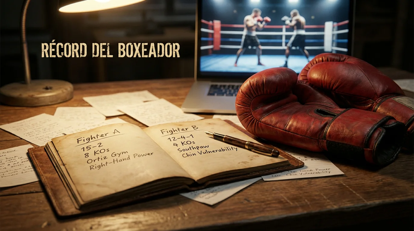 Documento con estadísticas y récord de un boxeador sobre una mesa junto a guantes de boxeo
