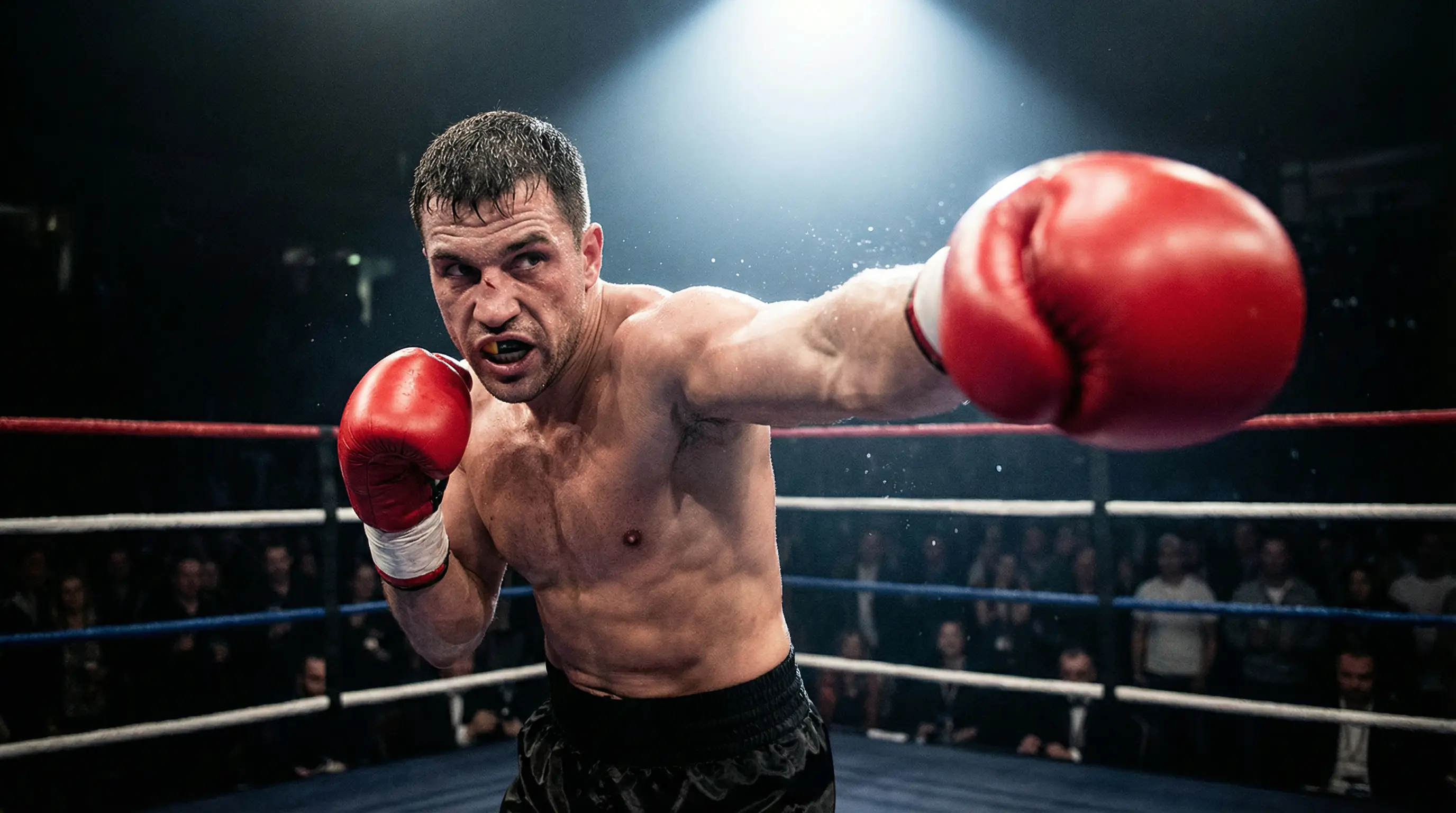 Boxeador profesional lanzando un golpe directo en el ring durante un combate de boxeo