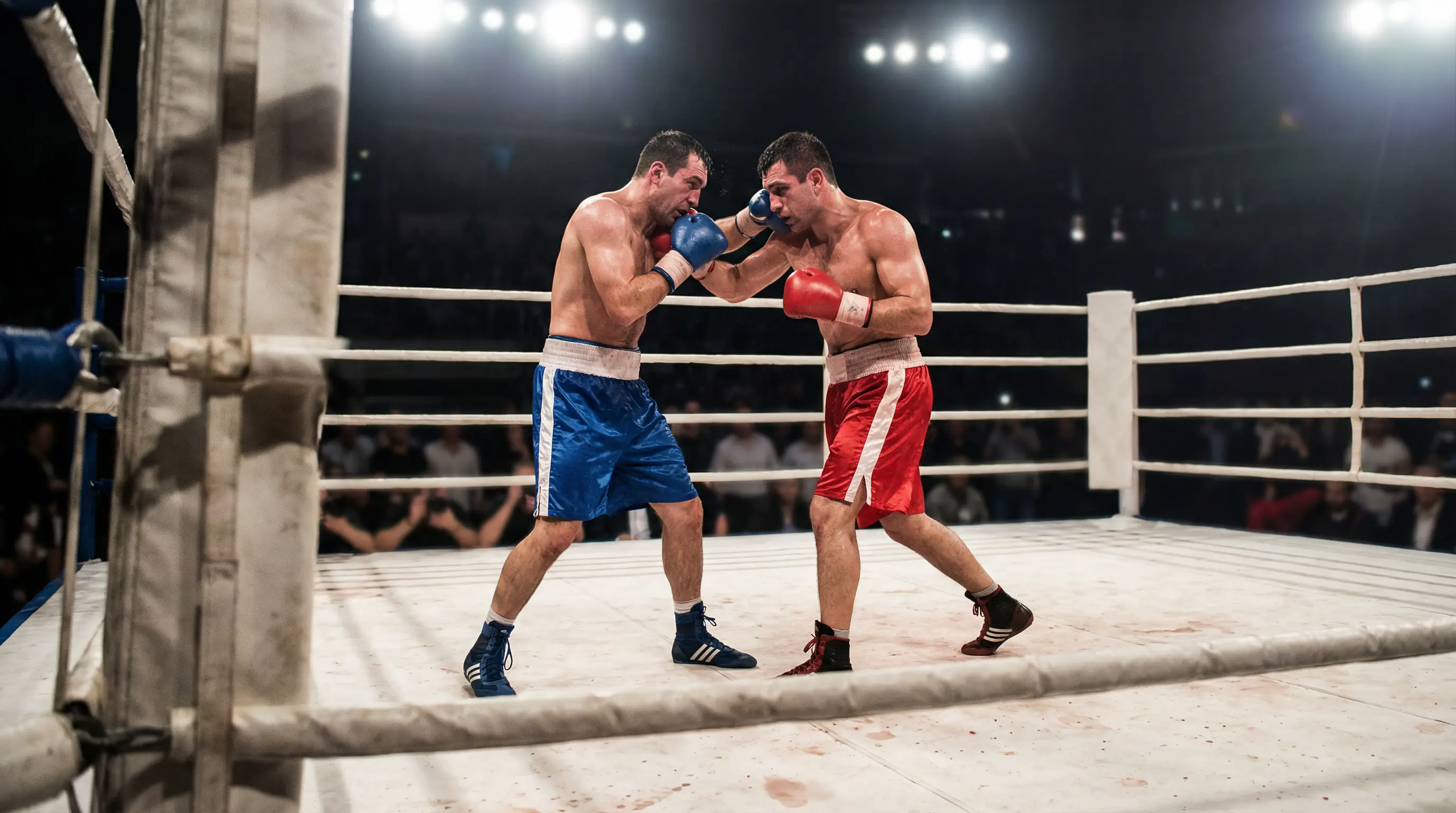 Dos boxeadores intercambiando golpes en un asalto tardío de un combate profesional