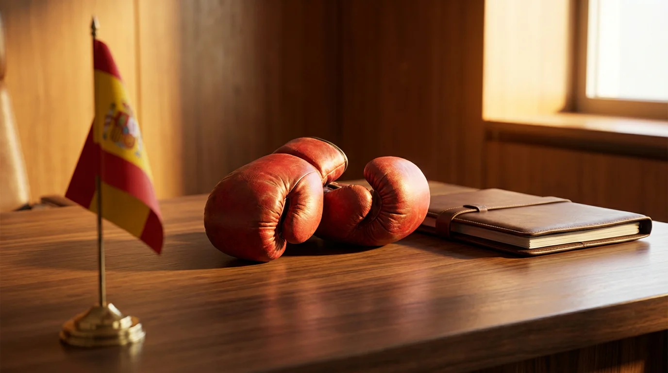Bandera de España junto a unos guantes de boxeo rojos sobre una mesa de madera