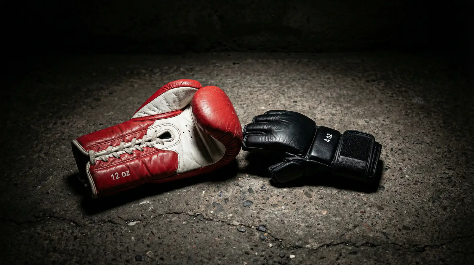 Guante de boxeo rojo y guante de MMA negro enfrentados sobre un fondo oscuro