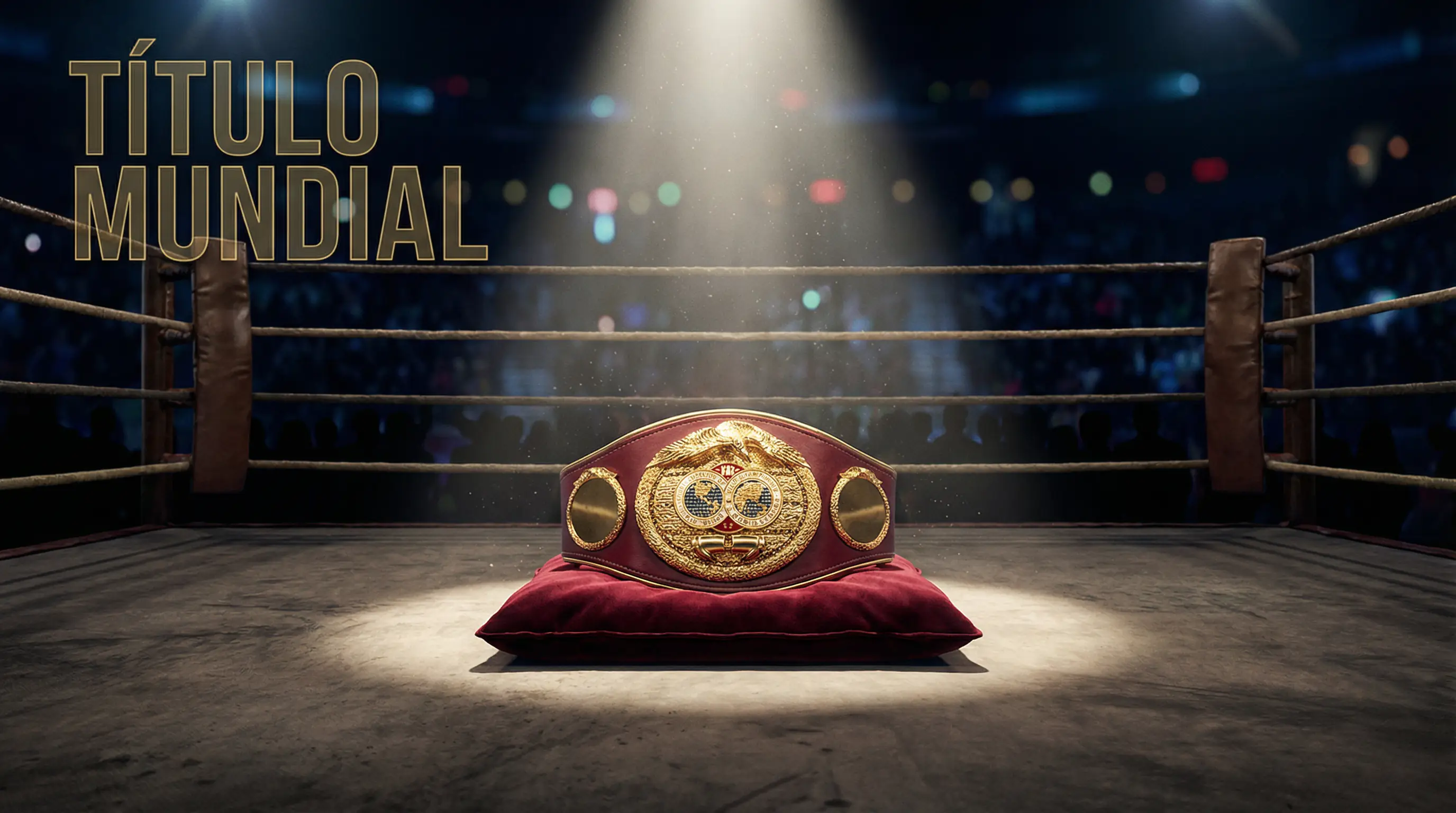 Cinturón de campeón mundial de boxeo iluminado en el centro del ring antes del combate