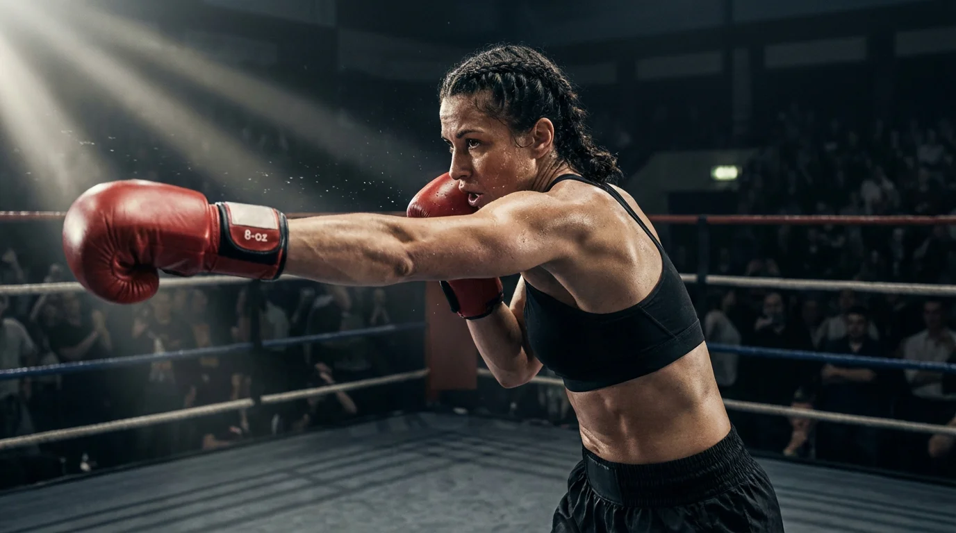 Boxeadora profesional lanzando un golpe directo durante un combate de boxeo femenino