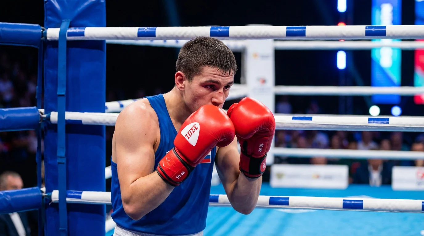 Boxeador amateur con camiseta y guantes olímpicos en posición de guardia dentro del ring