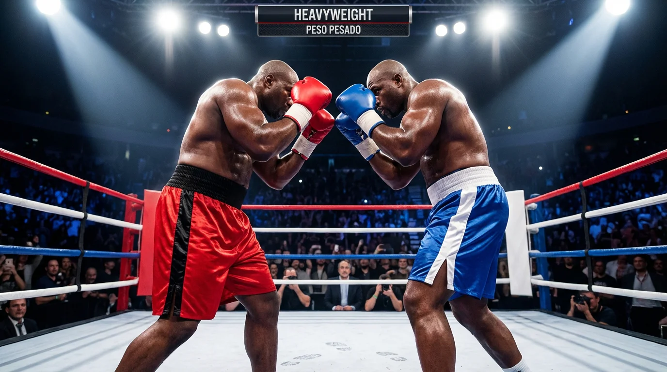 Dos boxeadores de peso pesado frente a frente en el ring bajo focos intensos