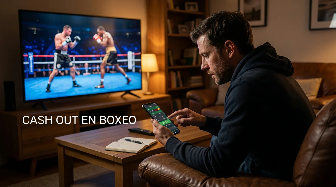 Apostador observando un combate de boxeo en pantalla mientras decide usar el cash out