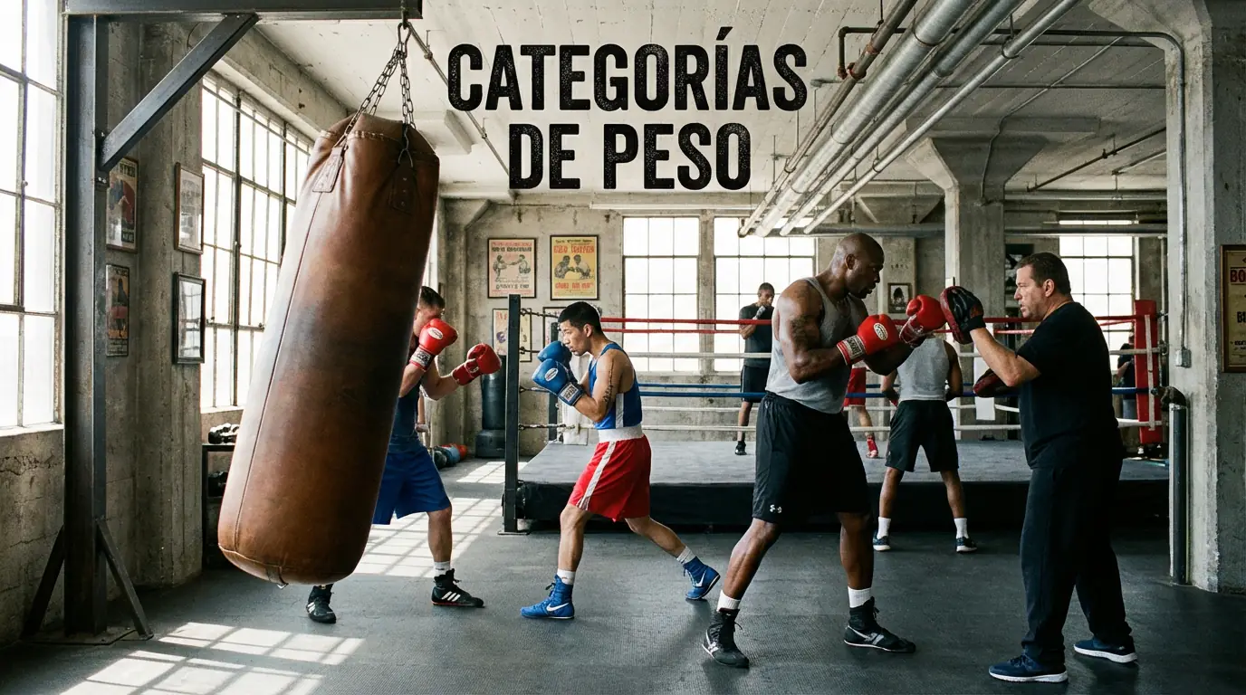 Boxeadores de diferentes categorías de peso entrenando en un gimnasio de boxeo