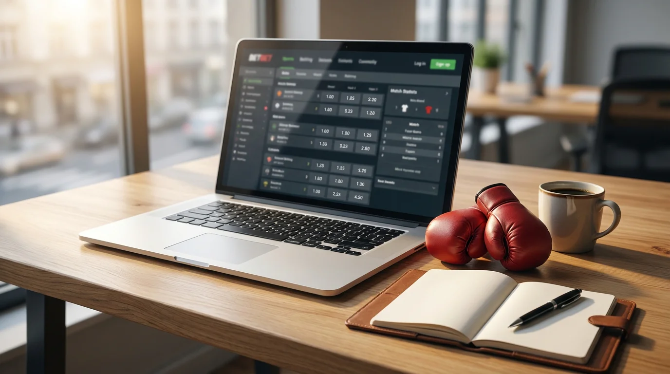 Pantalla de ordenador portátil mostrando cuotas de un combate de boxeo en un escritorio ordenado