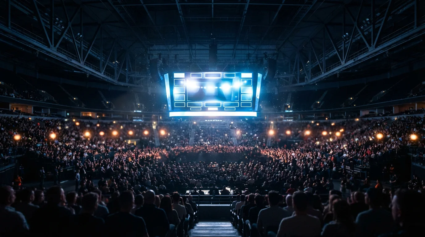 Pantalla de resultados de un evento de boxeo con público de fondo en la arena