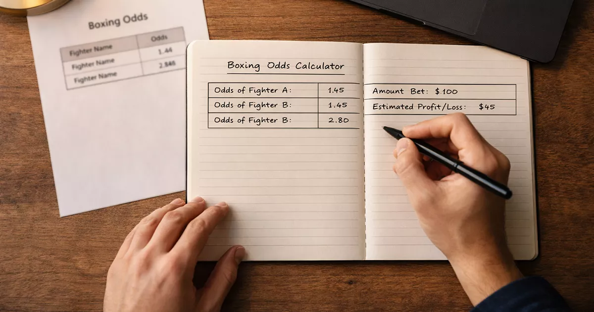 Cálculo de cuotas de boxeo: analista revisando probabilidades en un documento