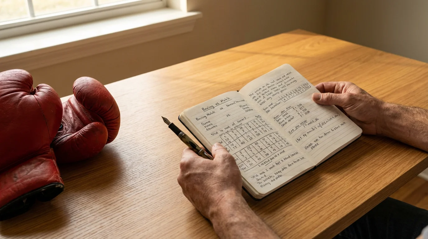 Persona analizando datos de un combate de boxeo con una libreta de anotaciones sobre la mesa