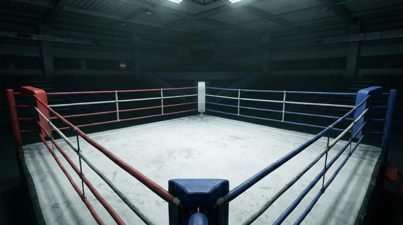 Boxeador frustrado apoyado en las cuerdas del ring tras una derrota en combate de boxeo