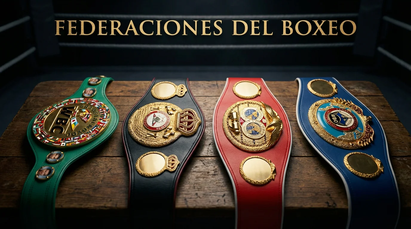 Cuatro cinturones de campeonato mundial de boxeo sobre una mesa junto al ring