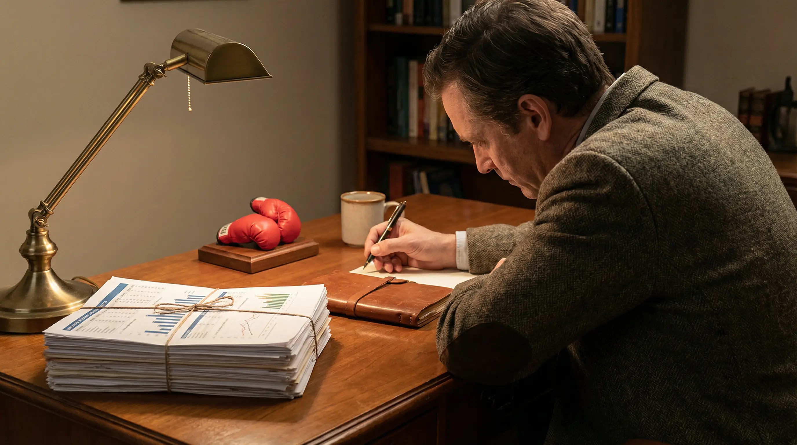 Persona concentrada tomando notas en un escritorio con documentos de análisis deportivo