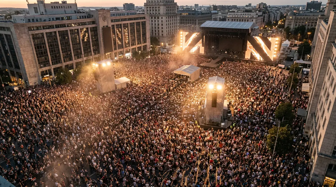 Vista panorámica de un estadio iluminado durante una gran velada de boxeo con el ring en el centro