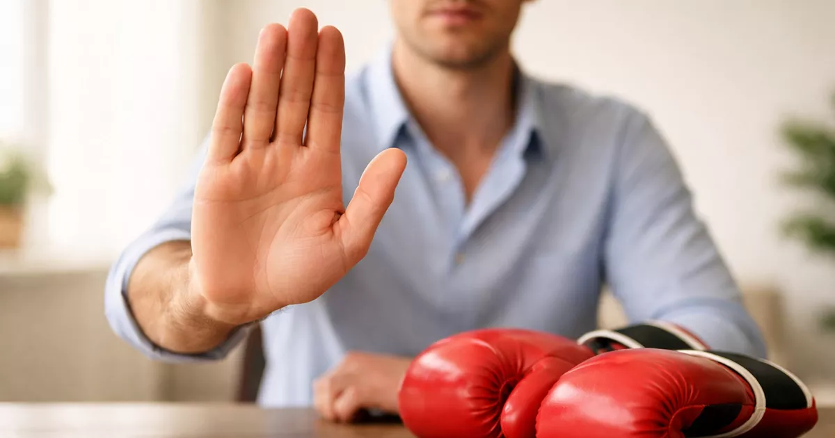 Mano abierta haciendo gesto de pausa frente a un par de guantes de boxeo sobre una mesa
