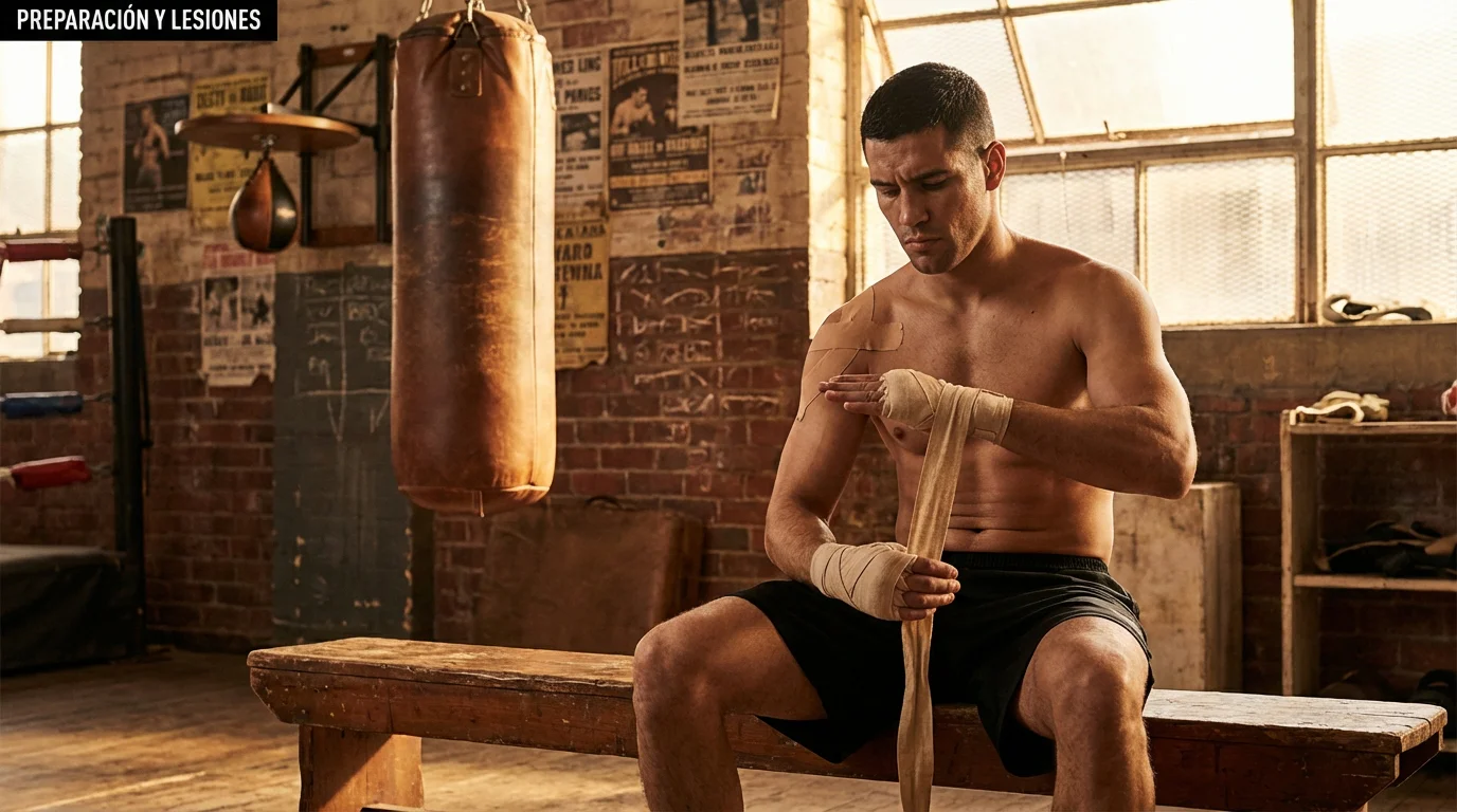 Boxeador vendándose las manos en el gimnasio durante la preparación del combate