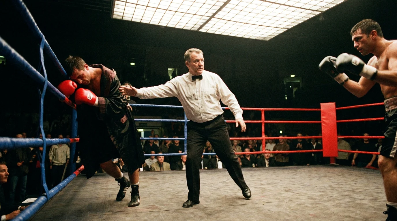 Árbitro de boxeo deteniendo un combate tras un nocaut técnico en el ring