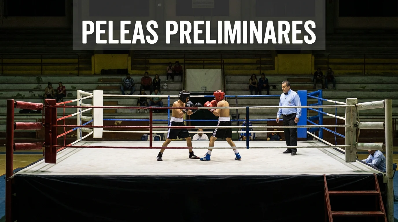 Ring de boxeo con un combate preliminar en curso ante gradas parcialmente vacías