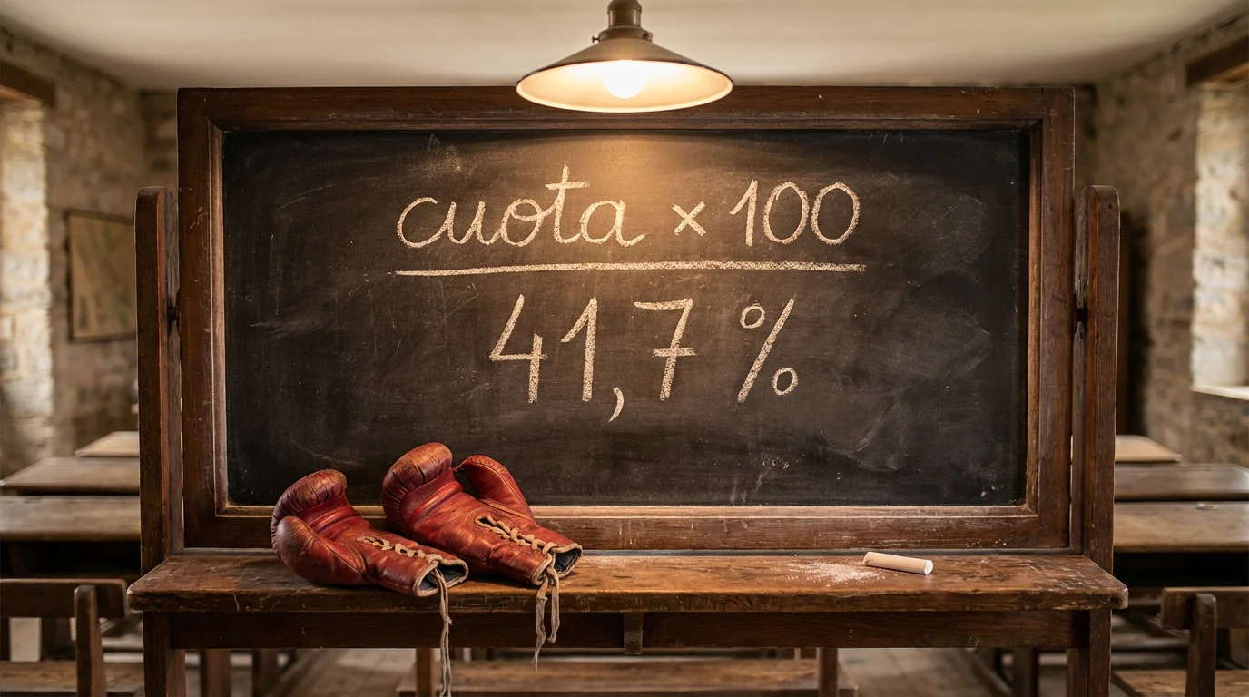 Primer plano de una pizarra con fórmulas de probabilidad y guantes de boxeo sobre la mesa