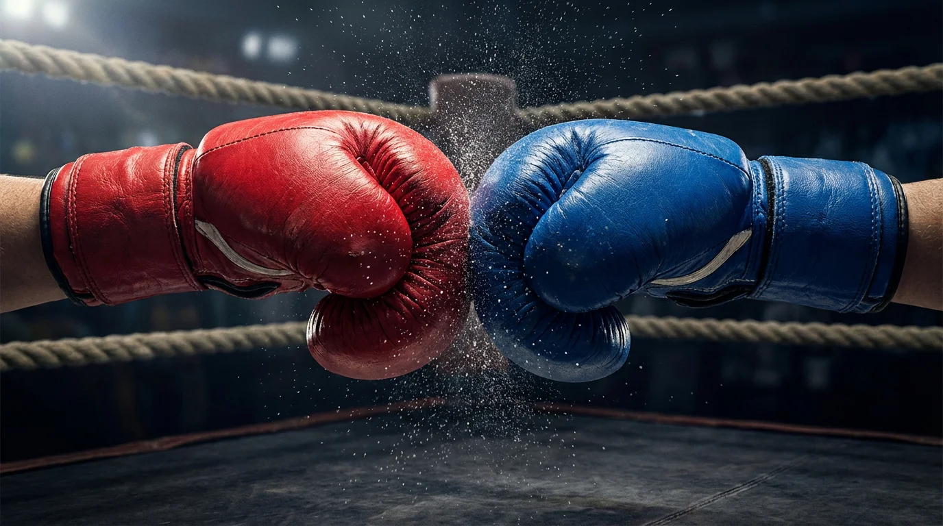 Detalle de guantes de boxeo impactando durante un combate profesional en primer plano