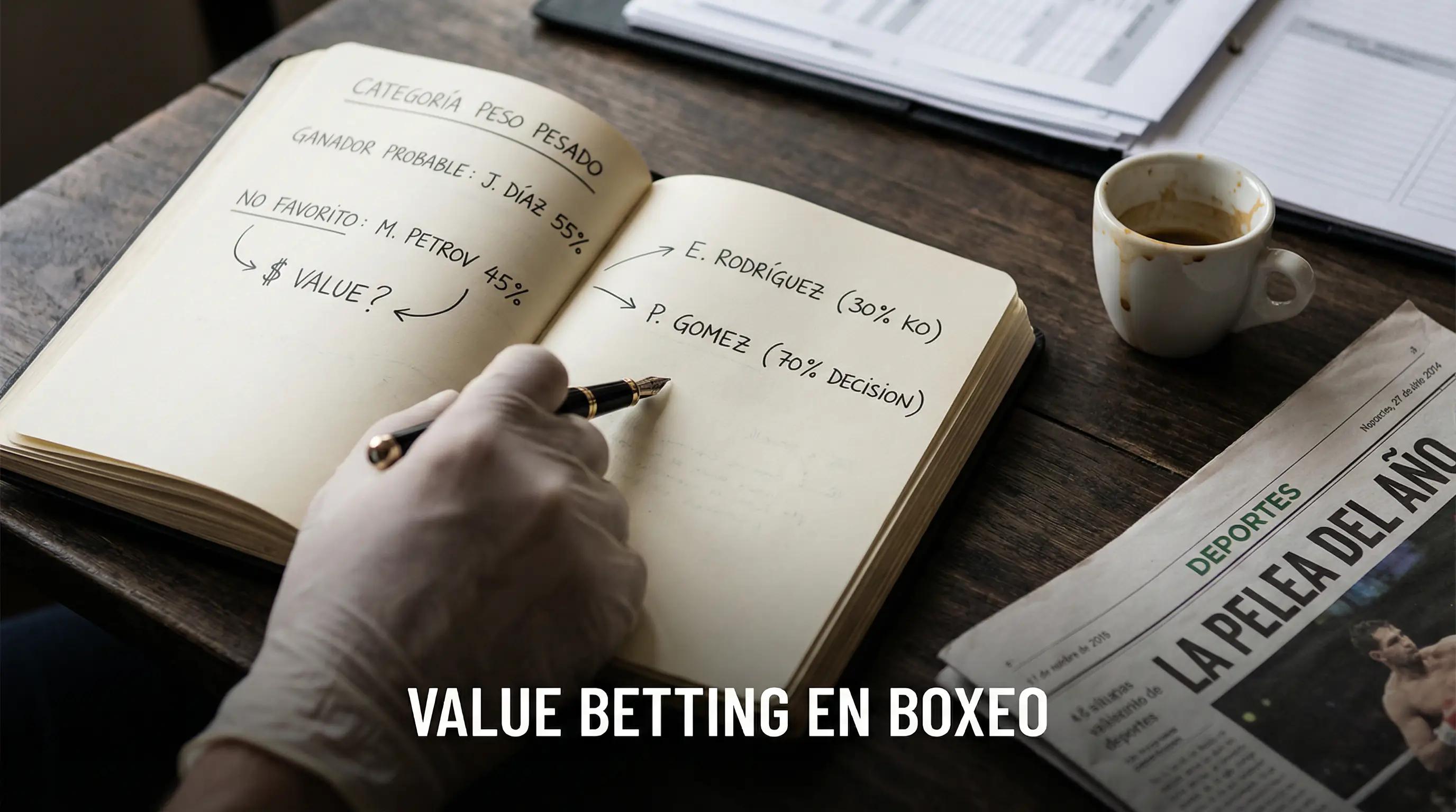 Primer plano de una mano señalando datos de análisis sobre un combate de boxeo en un cuaderno